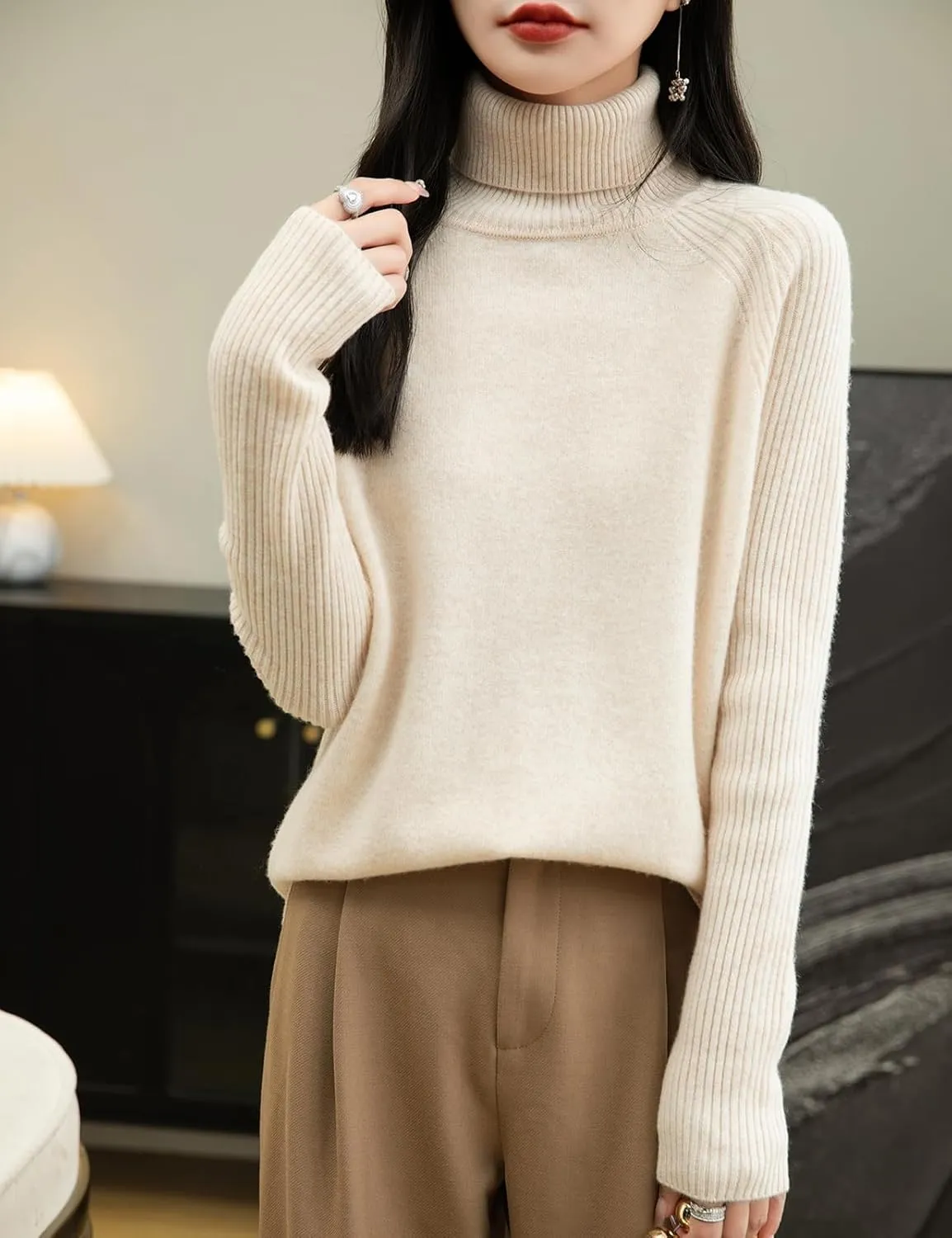 Women's Turtleneck 100% Merino Wool Sweater 2025 Fall Winter Classic Warm Soft Raglan Long Sleeve Knit Sweater