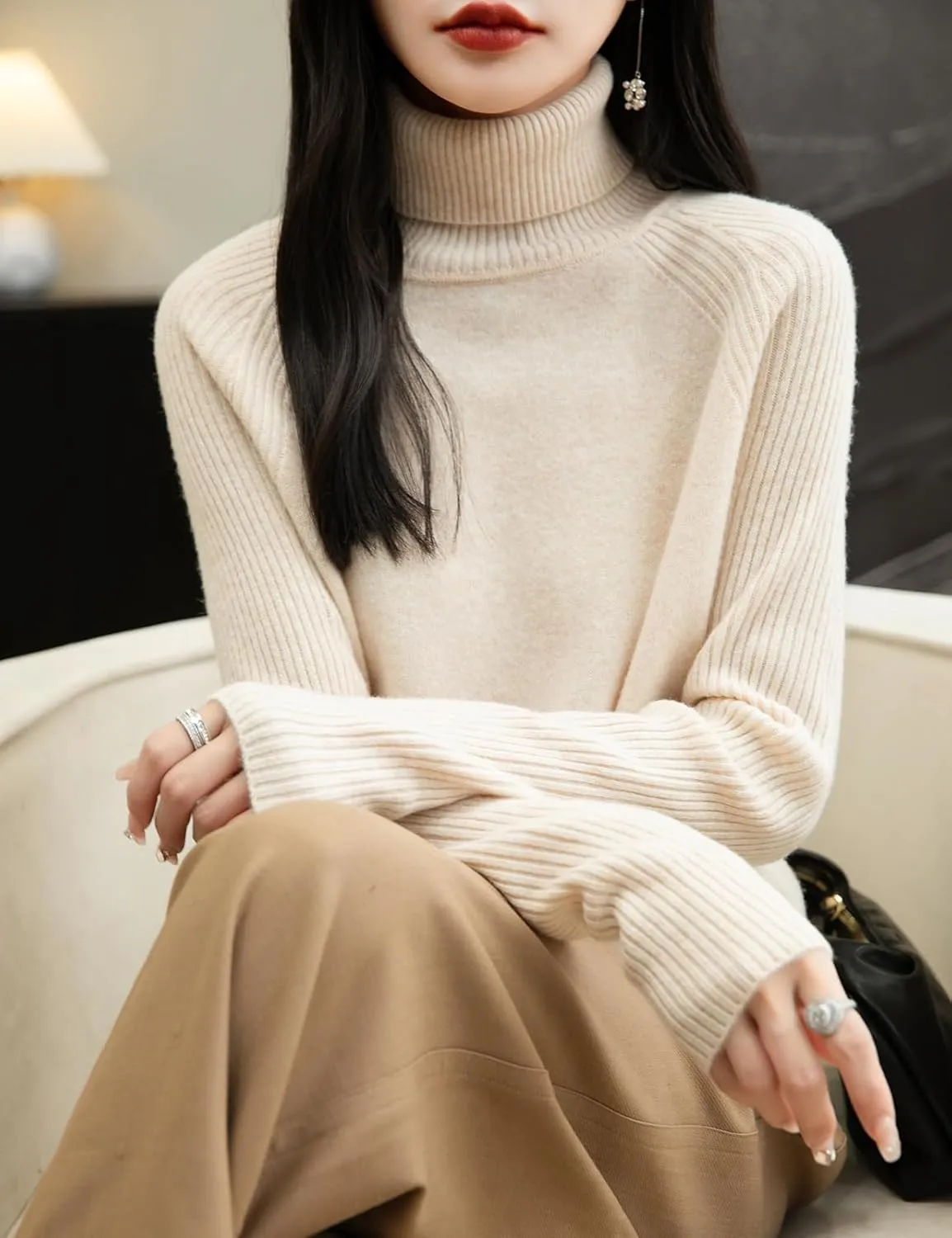 Women's Turtleneck 100% Merino Wool Sweater 2025 Fall Winter Classic Warm Soft Raglan Long Sleeve Knit Sweater