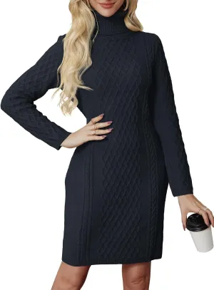 Women's Turtleneck Sweater Cable Knit Long Sleeve Sexy Pullover Tunic Mini Bodycon Sweater Dress Trendy Outfits