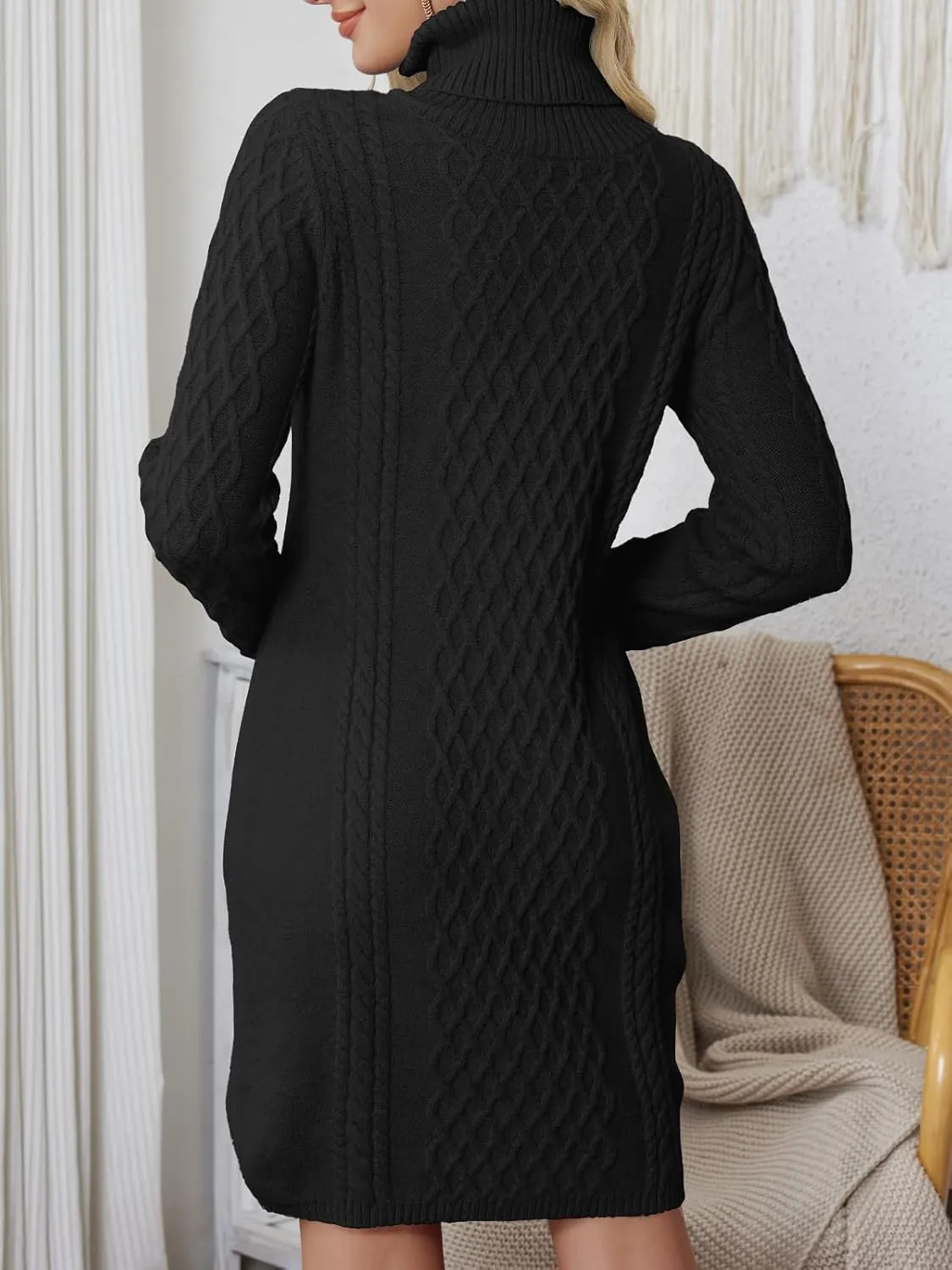 Women's Turtleneck Sweater Cable Knit Long Sleeve Sexy Pullover Tunic Mini Bodycon Sweater Dress Trendy Outfits