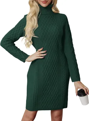 Women's Turtleneck Sweater Cable Knit Long Sleeve Sexy Pullover Tunic Mini Bodycon Sweater Dress Trendy Outfits