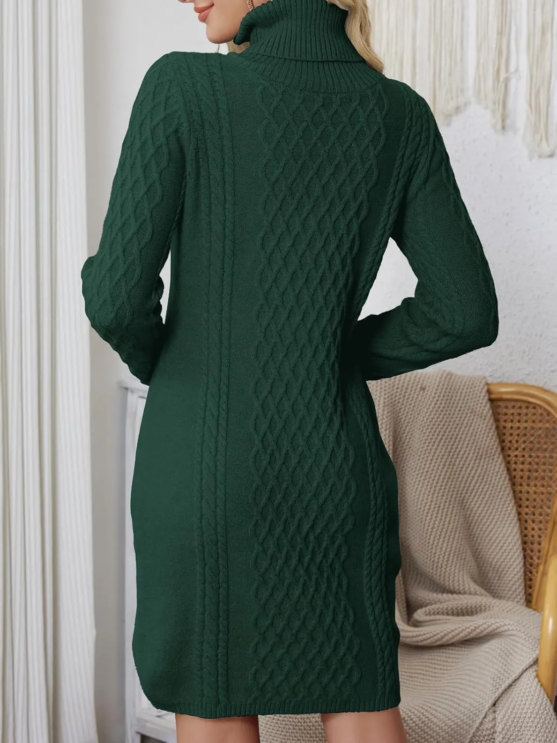 Women's Turtleneck Sweater Cable Knit Long Sleeve Sexy Pullover Tunic Mini Bodycon Sweater Dress Trendy Outfits