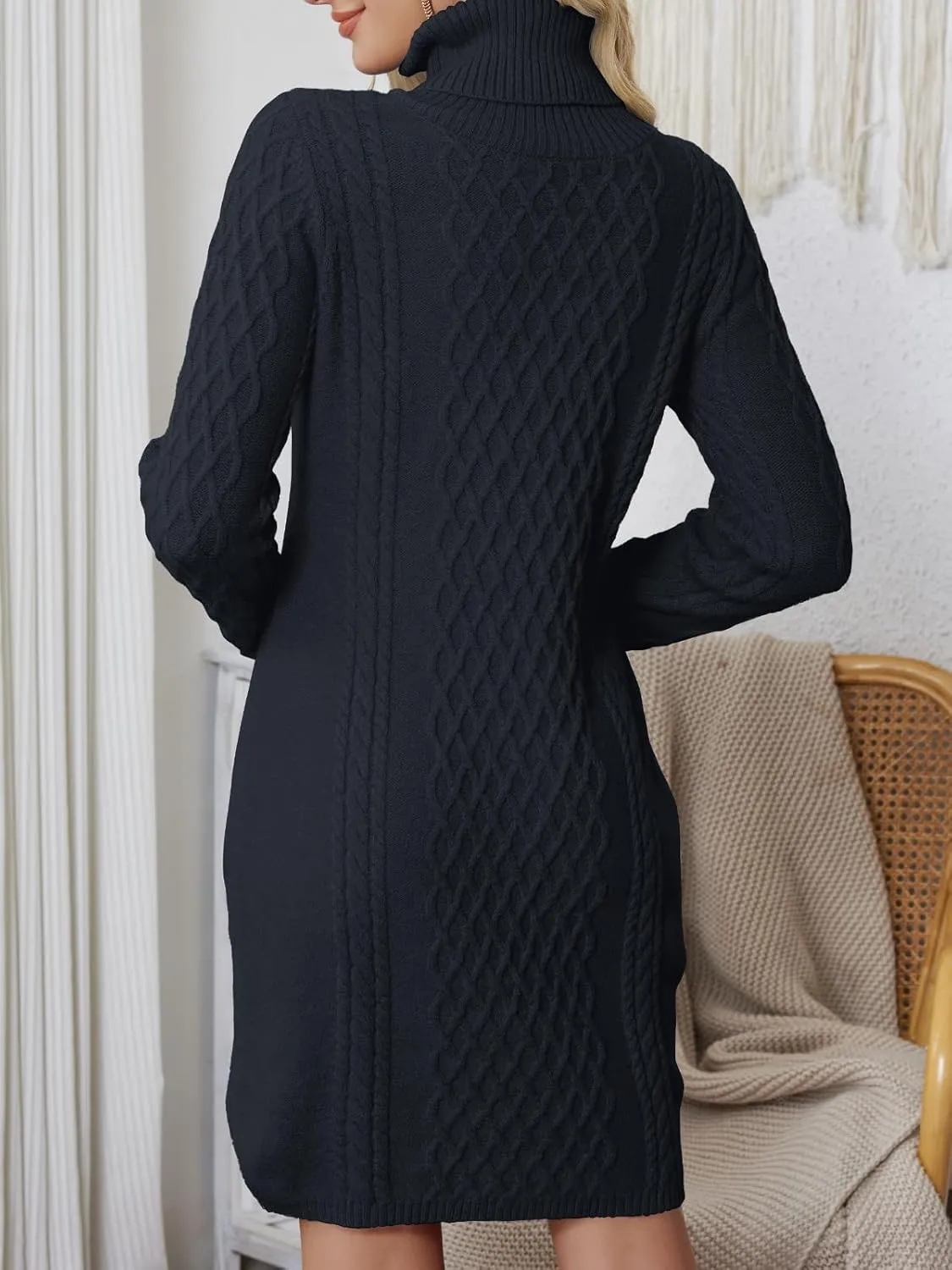 Women's Turtleneck Sweater Cable Knit Long Sleeve Sexy Pullover Tunic Mini Bodycon Sweater Dress Trendy Outfits