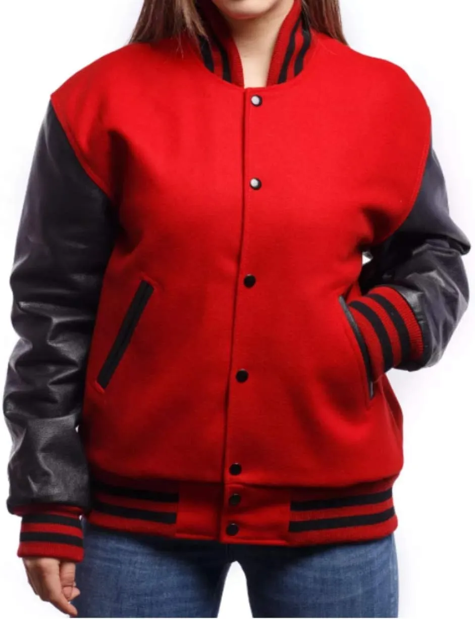 Women's Varsity Jacket Baseball Letterman Bomber School Collage Red Wool and Genuine Black Leather Sleeves