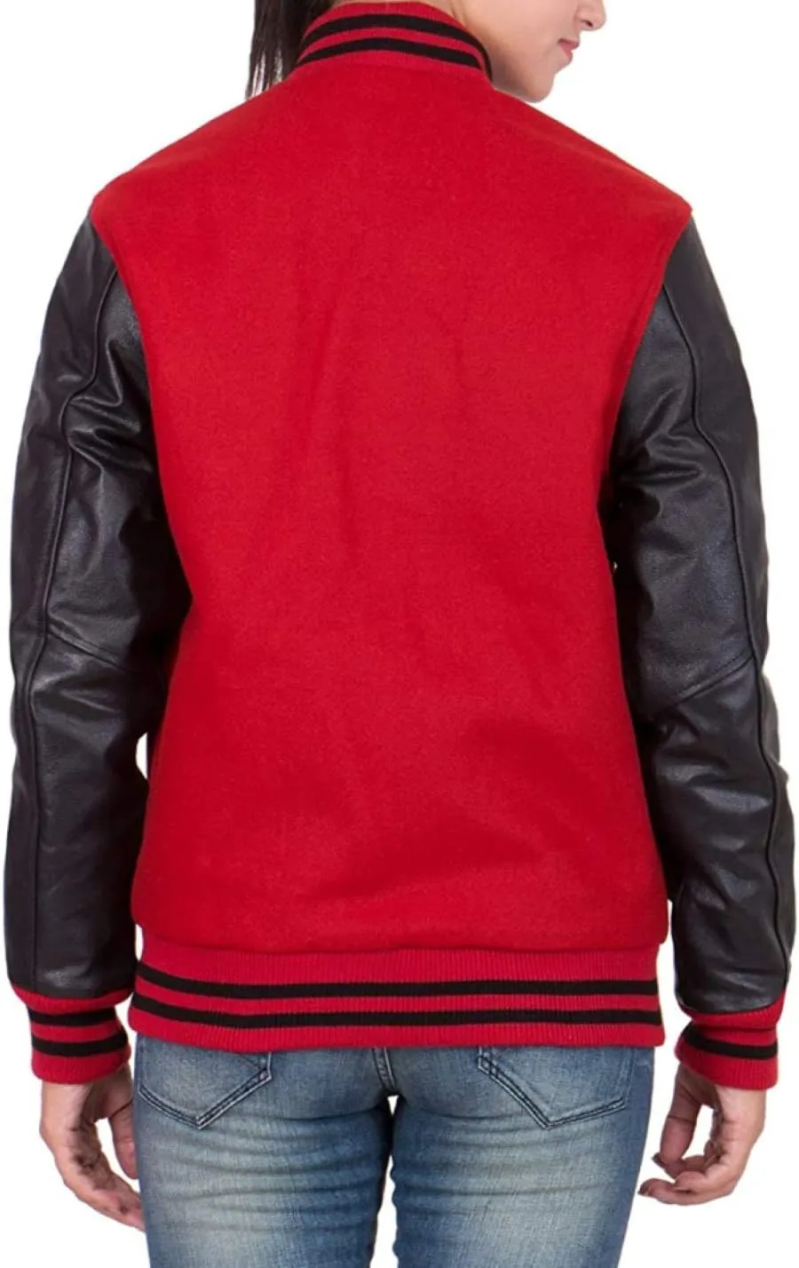 Women's Varsity Jacket Baseball Letterman Bomber School Collage Red Wool and Genuine Black Leather Sleeves