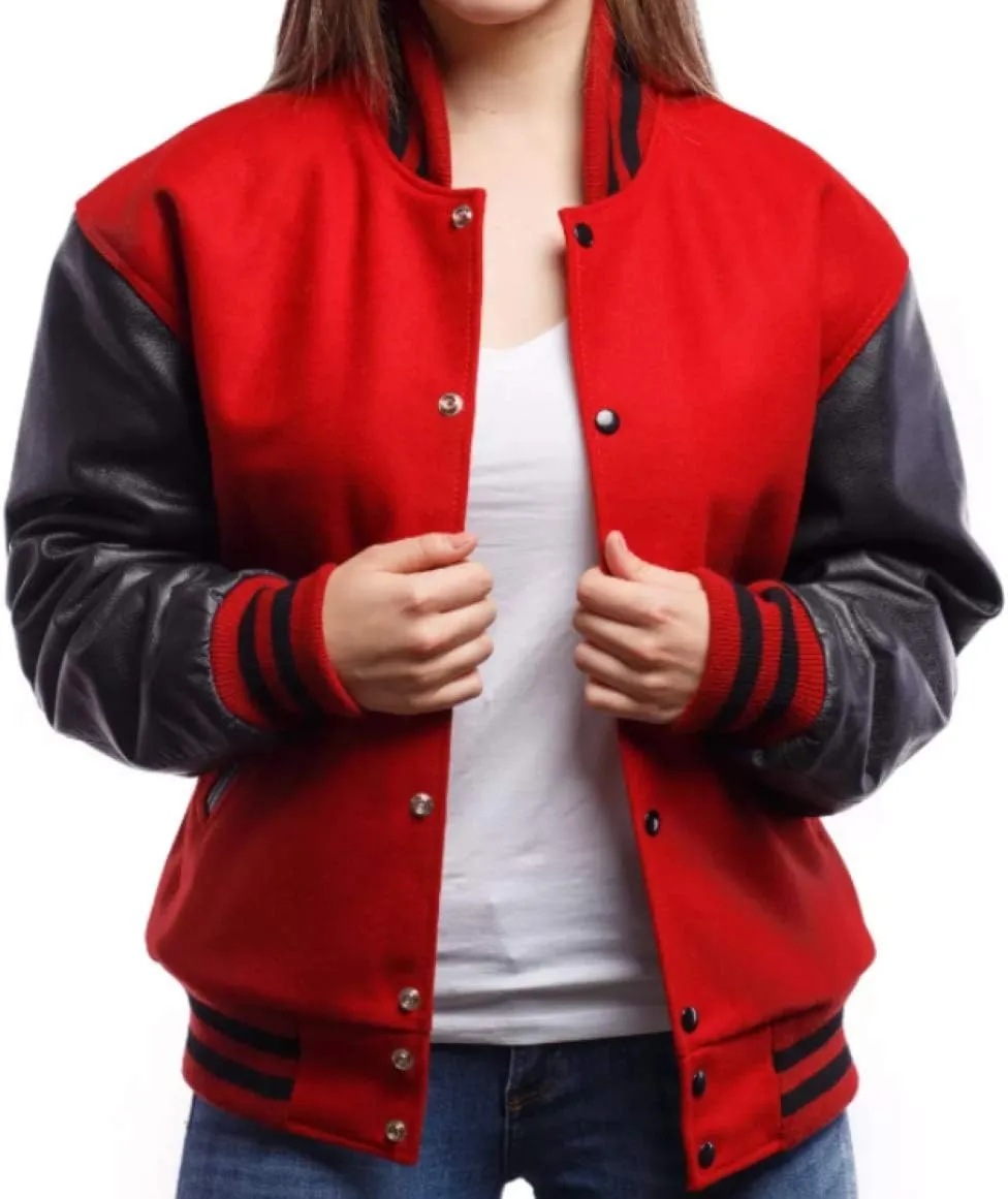 Women's Varsity Jacket Baseball Letterman Bomber School Collage Red Wool and Genuine Black Leather Sleeves