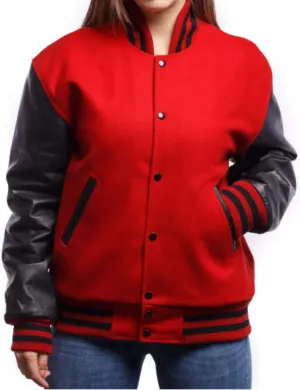 Women's Varsity Jacket Baseball Letterman Bomber School Collage Red Wool and Genuine Black Leather Sleeves