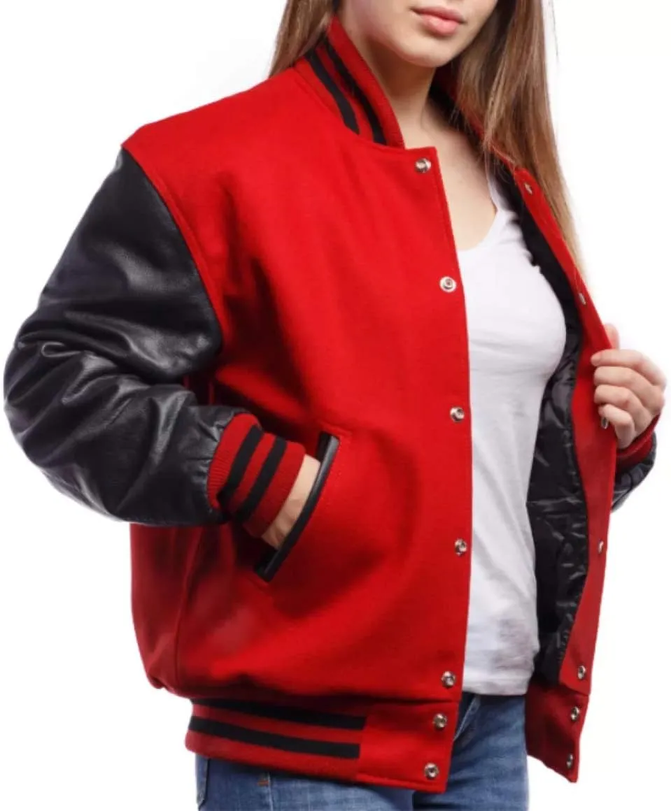 Women's Varsity Jacket Baseball Letterman Bomber School Collage Red Wool and Genuine Black Leather Sleeves
