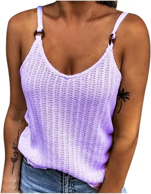 Women's Waffle Plaid Solid Camisole Spaghetti Strap Splicing Loop Tank Casual Round Neck Top Comfy Loose Shirt