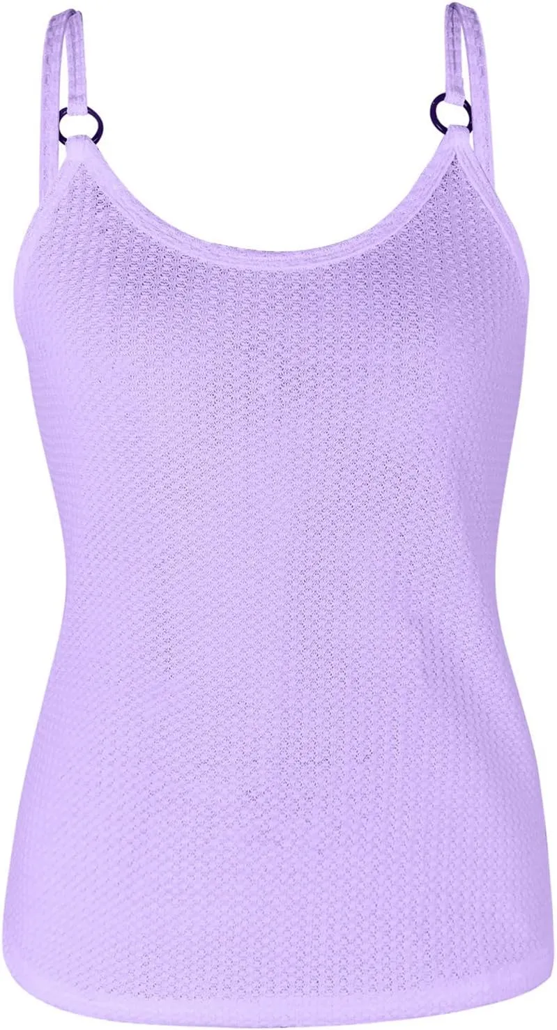 Women's Waffle Plaid Solid Camisole Spaghetti Strap Splicing Loop Tank Casual Round Neck Top Comfy Loose Shirt
