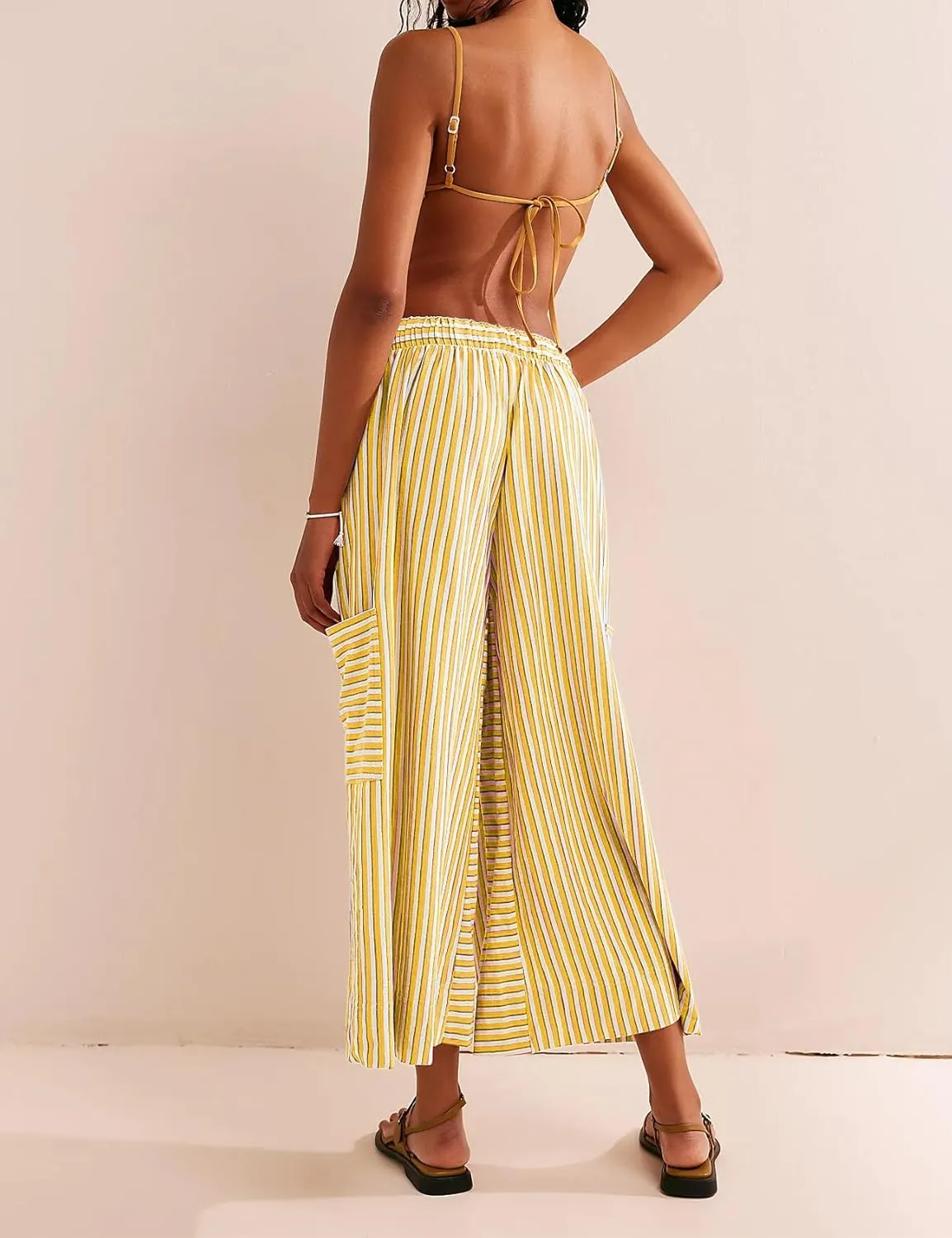 Women's Wide Leg Lounge Pants Striped Mid Waisted Drawstring Beach Pants Capri Pants Trousers with Pockets