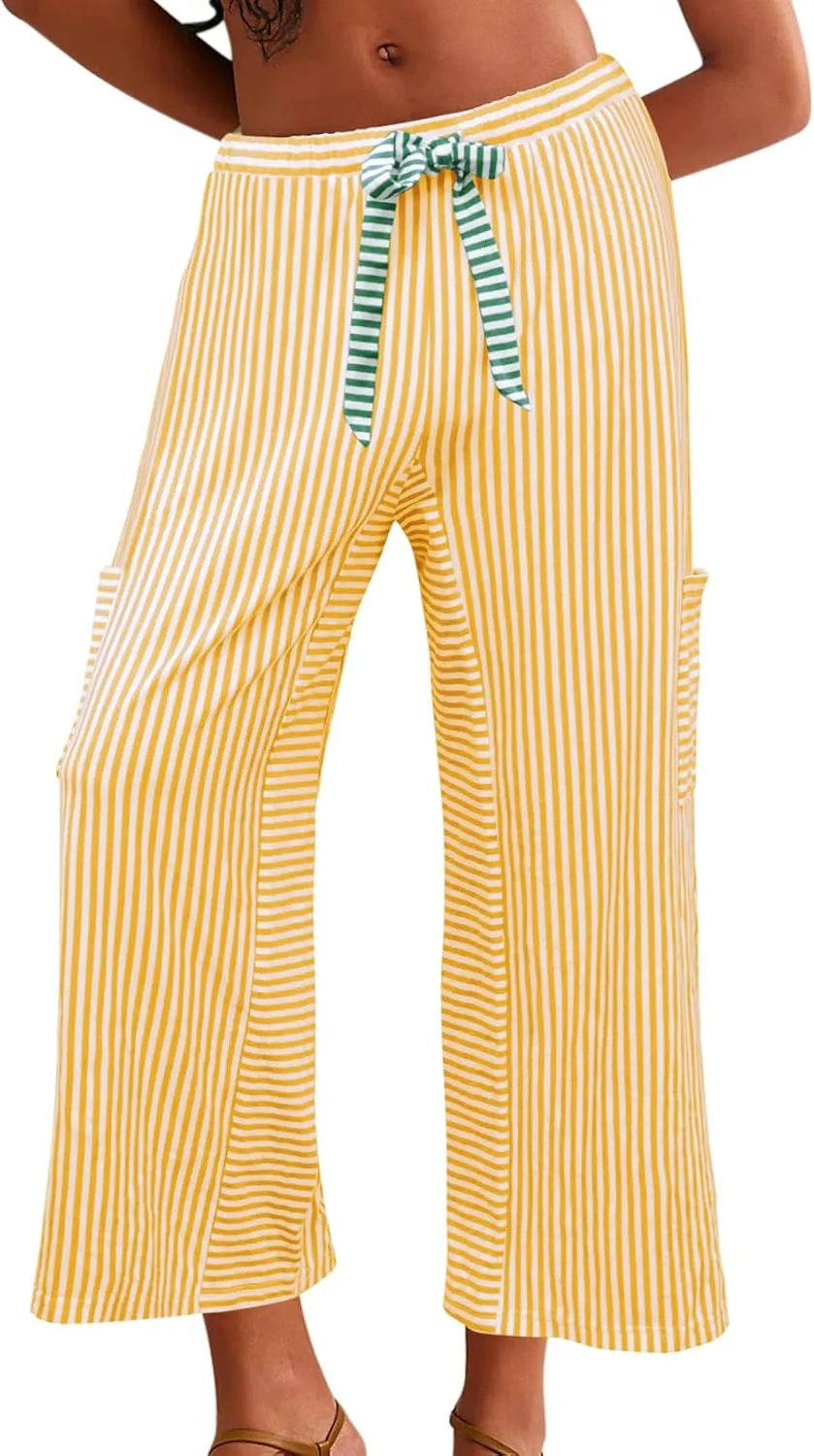 Women's Wide Leg Lounge Pants Striped Mid Waisted Drawstring Beach Pants Capri Pants Trousers with Pockets