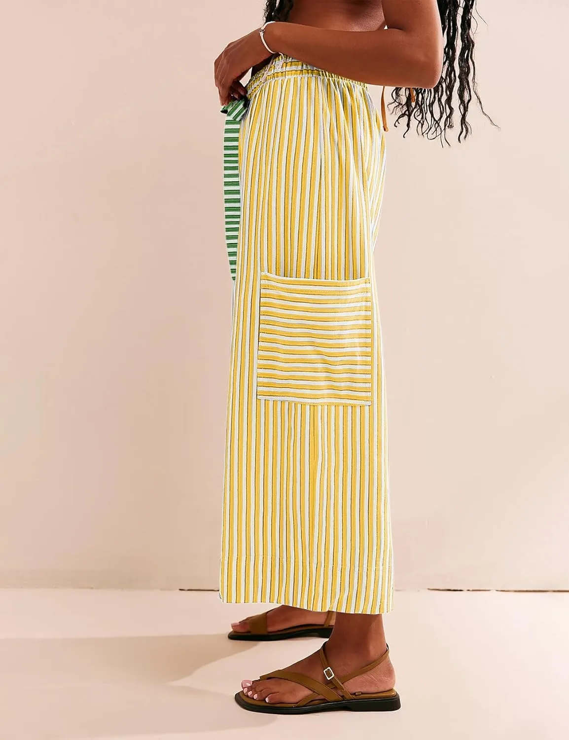 Women's Wide Leg Lounge Pants Striped Mid Waisted Drawstring Beach Pants Capri Pants Trousers with Pockets