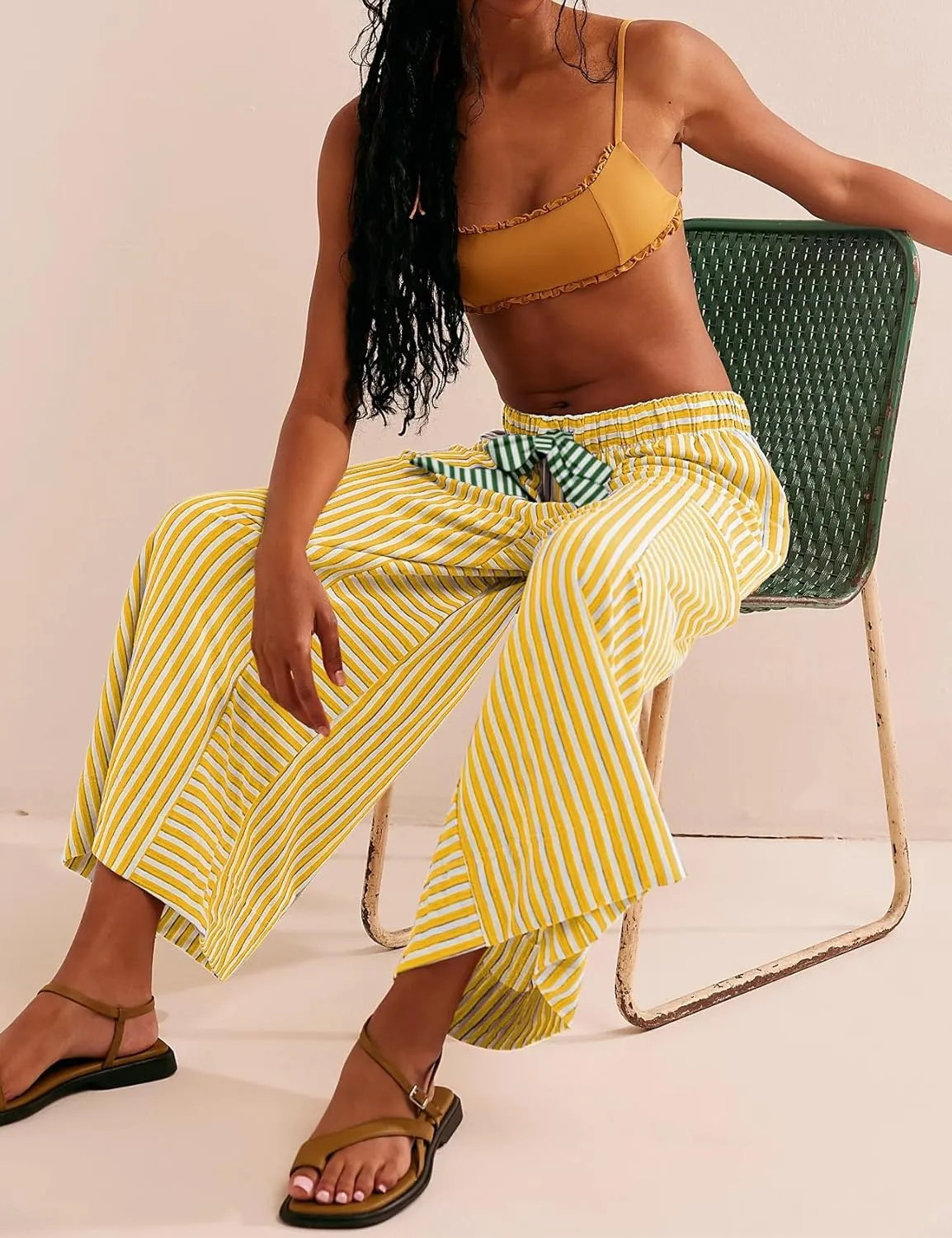 Women's Wide Leg Lounge Pants Striped Mid Waisted Drawstring Beach Pants Capri Pants Trousers with Pockets