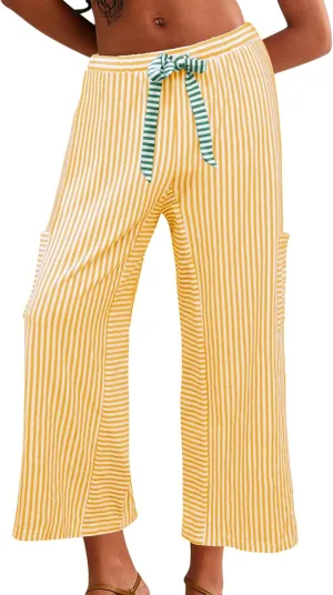 Women's Wide Leg Lounge Pants Striped Mid Waisted Drawstring Beach Pants Capri Pants Trousers with Pockets
