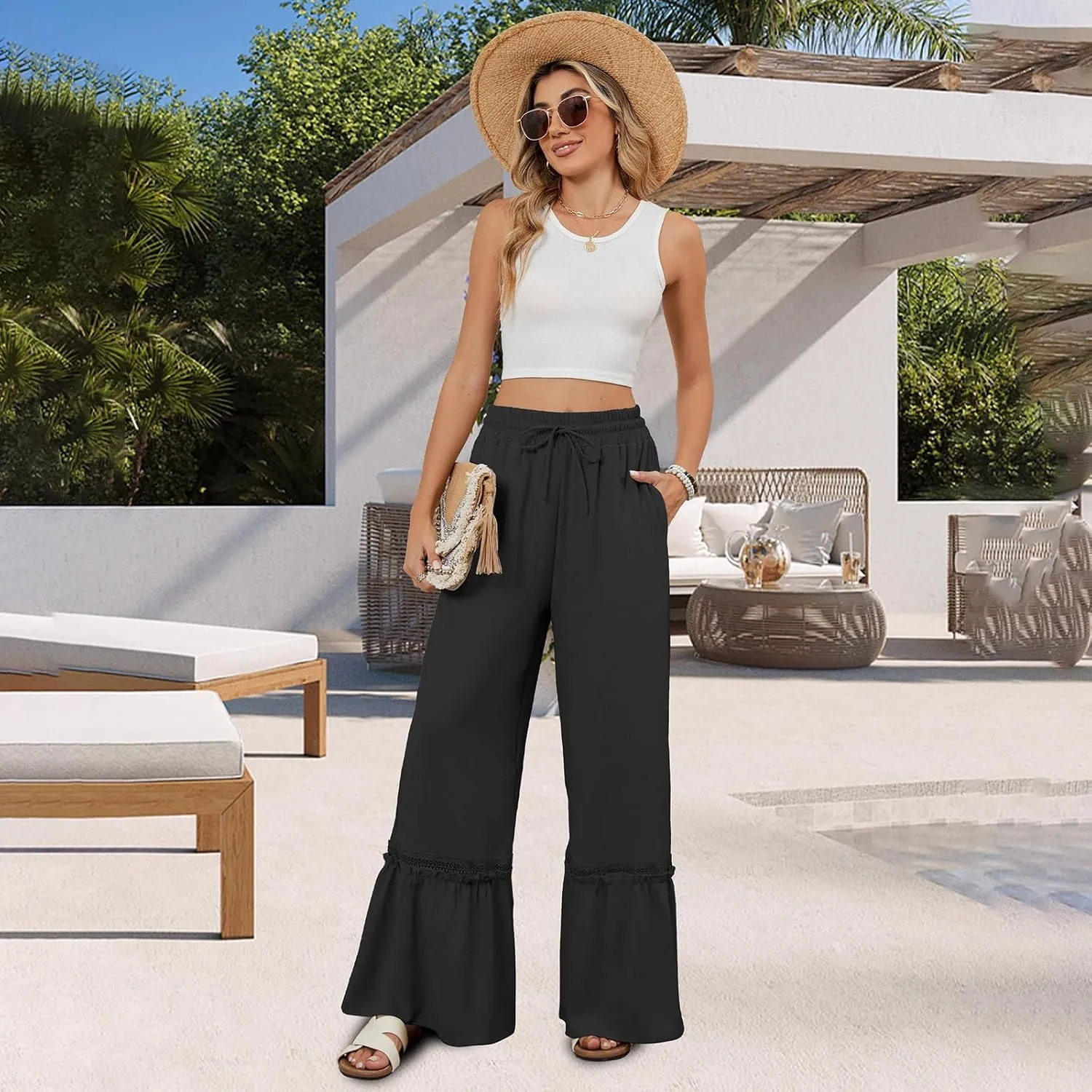 Womens Wide Leg Pants Solid Pleated Drawstring Elastic High Waist Pant Summer Casual Trousers with Pockets