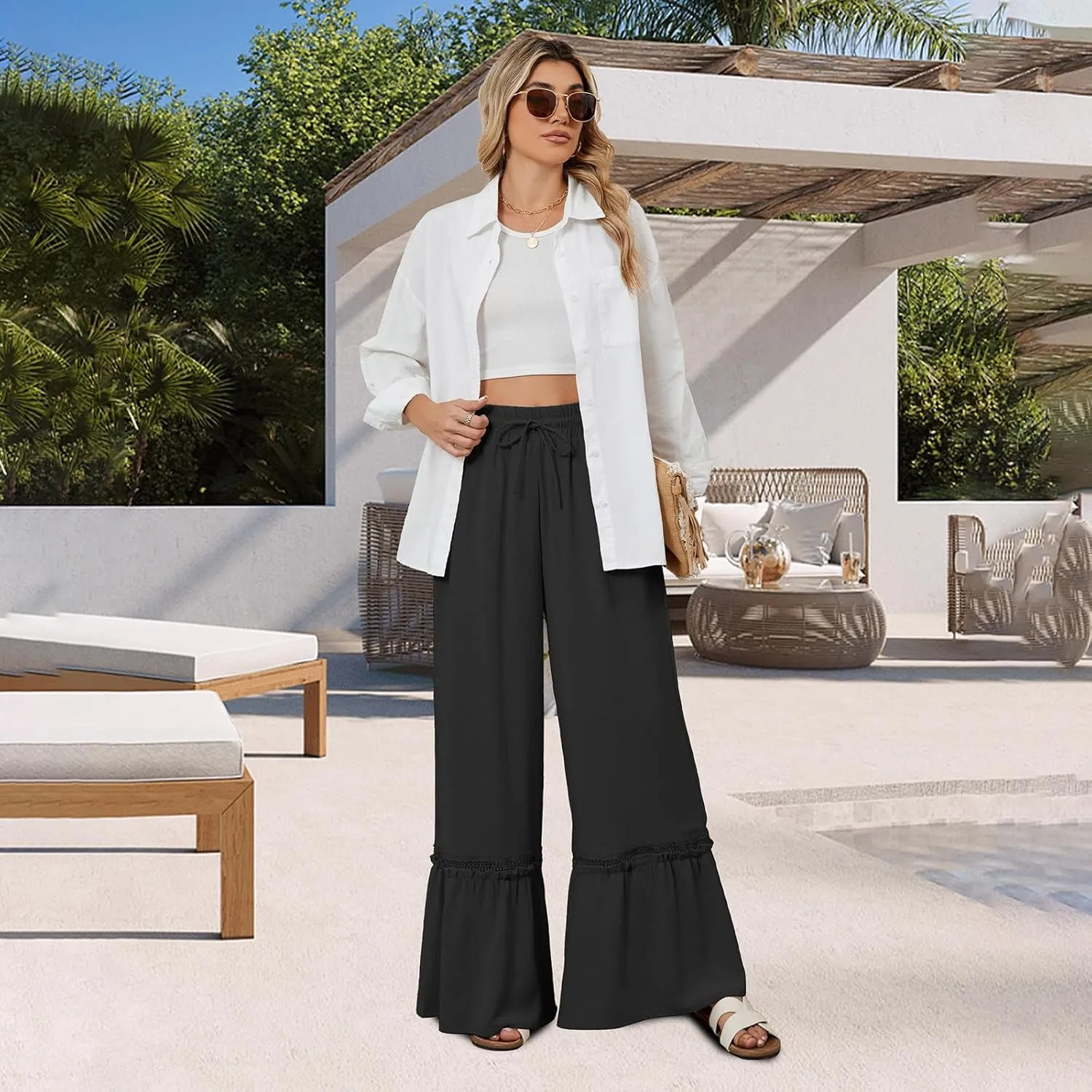 Womens Wide Leg Pants Solid Pleated Drawstring Elastic High Waist Pant Summer Casual Trousers with Pockets