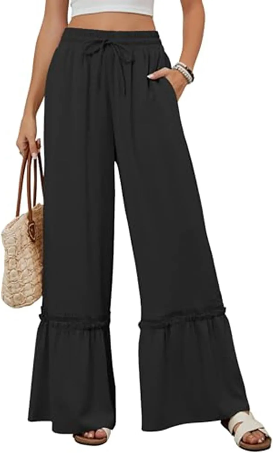 Womens Wide Leg Pants Solid Pleated Drawstring Elastic High Waist Pant Summer Casual Trousers with Pockets