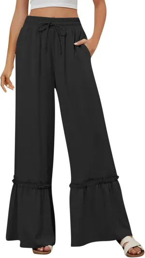 Womens Wide Leg Pants Solid Pleated Drawstring Elastic High Waist Pant Summer Casual Trousers with Pockets