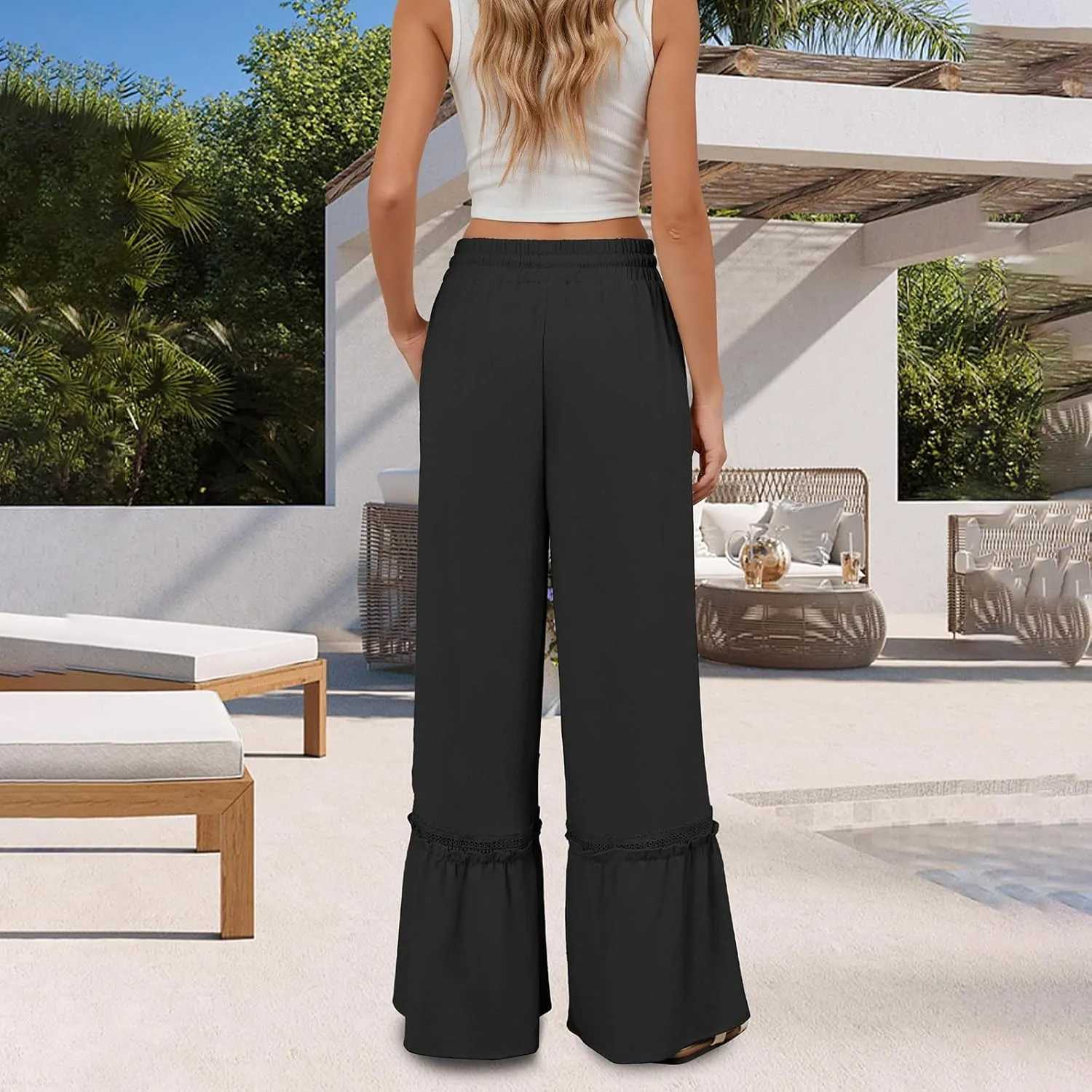 Womens Wide Leg Pants Solid Pleated Drawstring Elastic High Waist Pant Summer Casual Trousers with Pockets