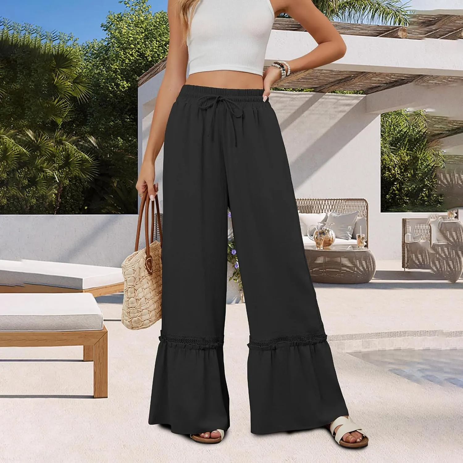 Womens Wide Leg Pants Solid Pleated Drawstring Elastic High Waist Pant Summer Casual Trousers with Pockets
