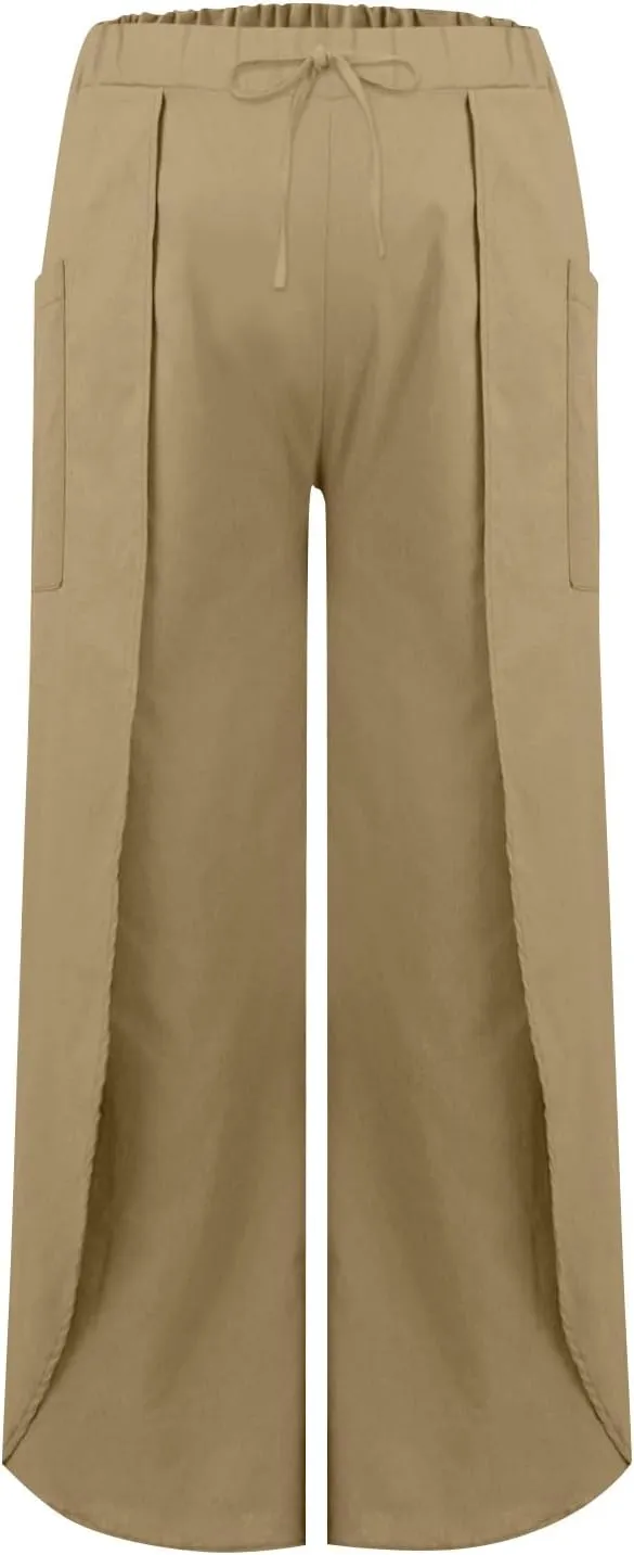 Womens Wide Leg Summer Pants Flowy Side Split Palazzo Beach Boho High Waisted Casual Lounge Trousers Plus Size