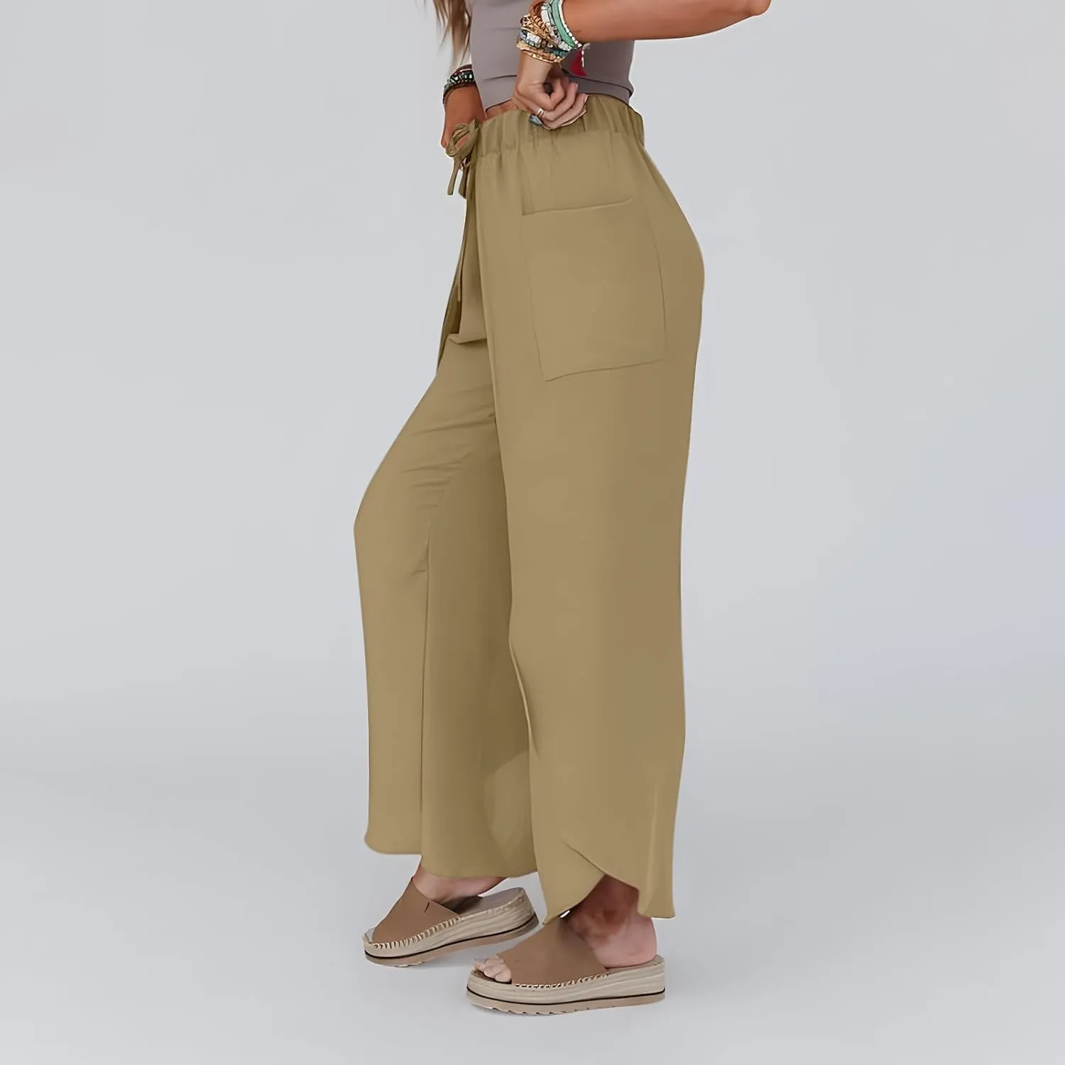 Womens Wide Leg Summer Pants Flowy Side Split Palazzo Beach Boho High Waisted Casual Lounge Trousers Plus Size