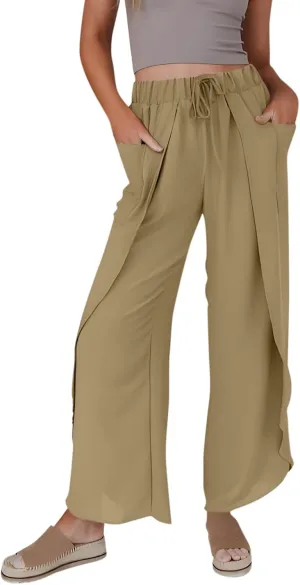 Womens Wide Leg Summer Pants Flowy Side Split Palazzo Beach Boho High Waisted Casual Lounge Trousers Plus Size