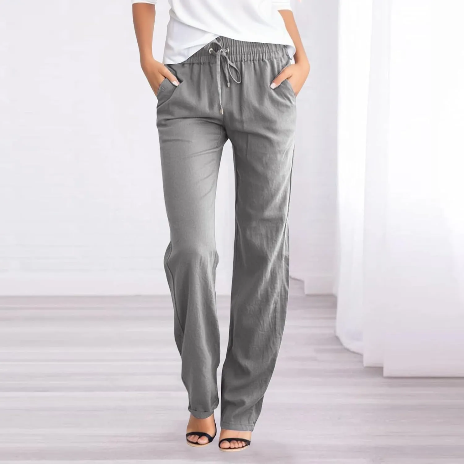 Womens Wide Leg Sweatpants Winter Silk Beach Leggings with Pockets Solid Color Elastic Waist