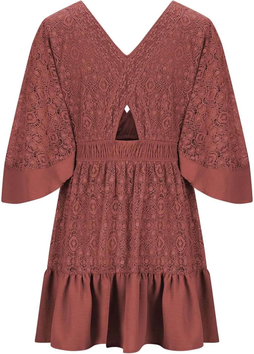 Womens Wrap V Neck Lace Dresses Summer Retro Flared Sleeves Empire Waist Mini Dress Casual Sexy Boho Beach Sundress