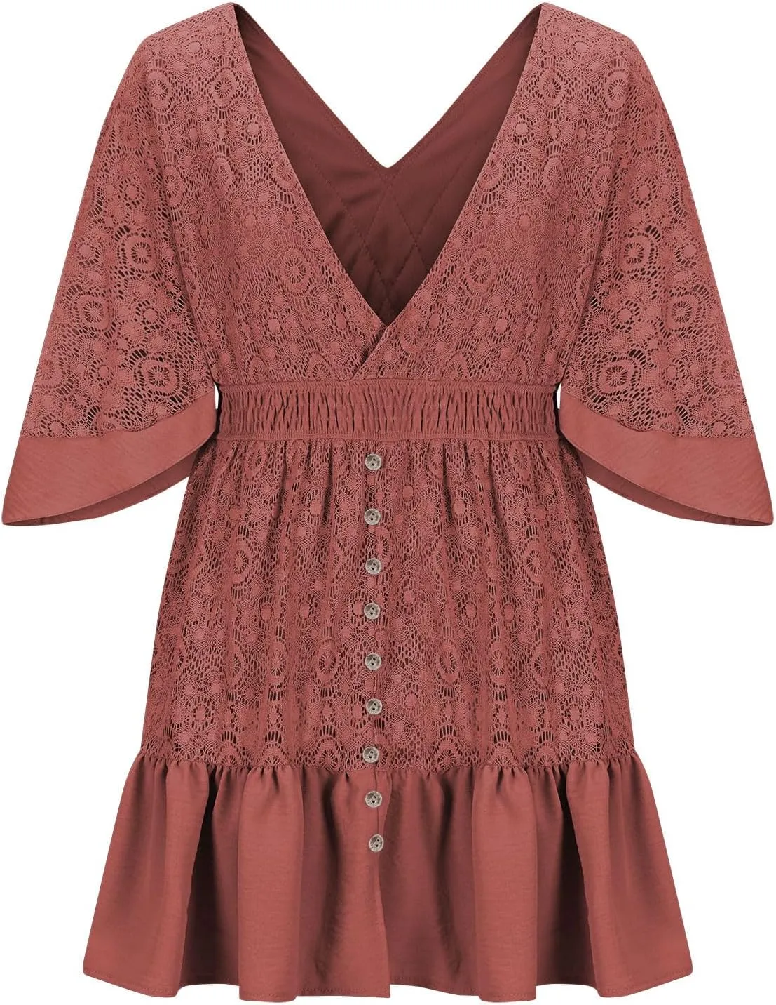 Womens Wrap V Neck Lace Dresses Summer Retro Flared Sleeves Empire Waist Mini Dress Casual Sexy Boho Beach Sundress