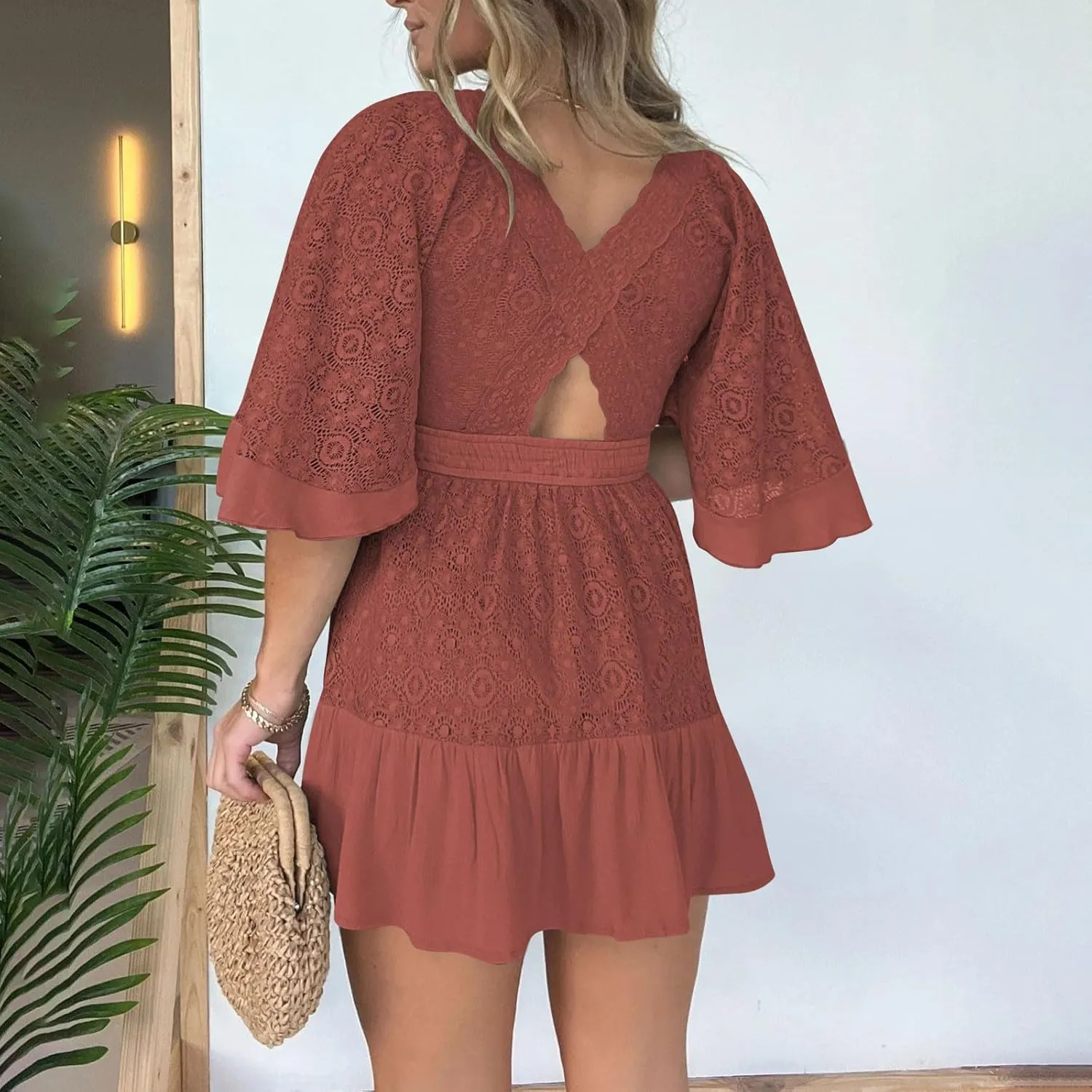 Womens Wrap V Neck Lace Dresses Summer Retro Flared Sleeves Empire Waist Mini Dress Casual Sexy Boho Beach Sundress