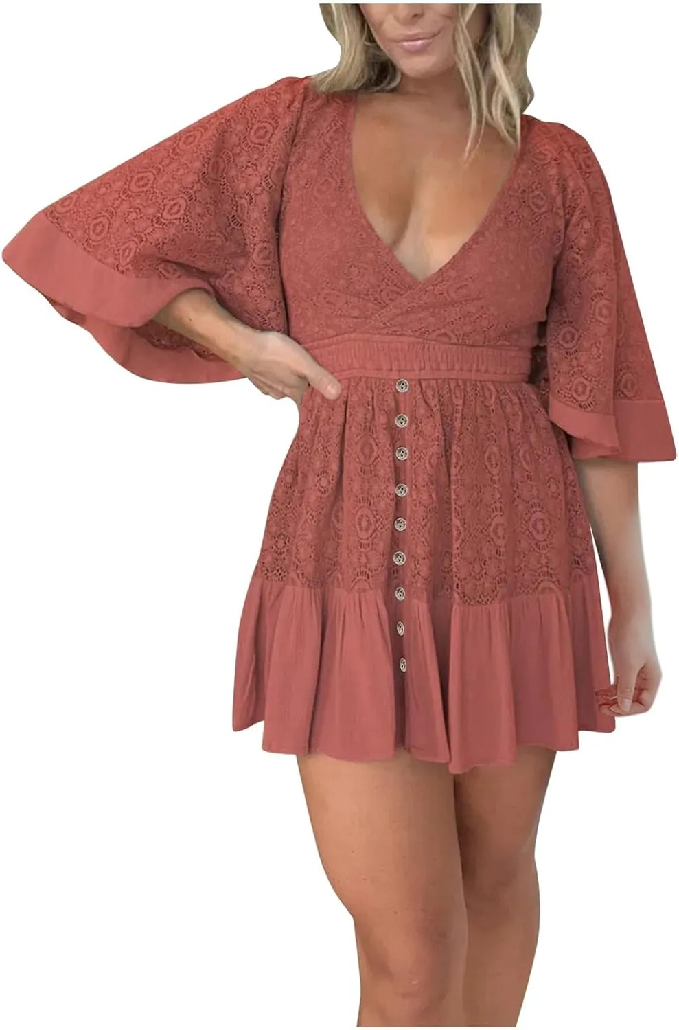 Womens Wrap V Neck Lace Dresses Summer Retro Flared Sleeves Empire Waist Mini Dress Casual Sexy Boho Beach Sundress