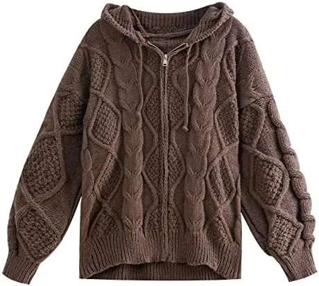 Women's Zip Up Hoodies Sweater Y2K Preppy Oversized Grandpa Sweaters Cable Knit Sweatshirts Old Money Clothing