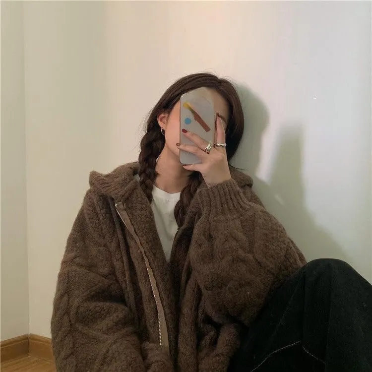Women's Zip Up Hoodies Sweater Y2K Preppy Oversized Grandpa Sweaters Cable Knit Sweatshirts Old Money Clothing