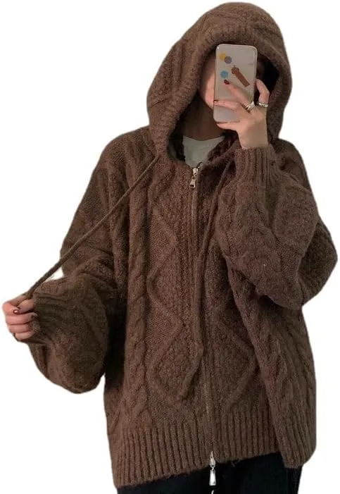 Women's Zip Up Hoodies Sweater Y2K Preppy Oversized Grandpa Sweaters Cable Knit Sweatshirts Old Money Clothing
