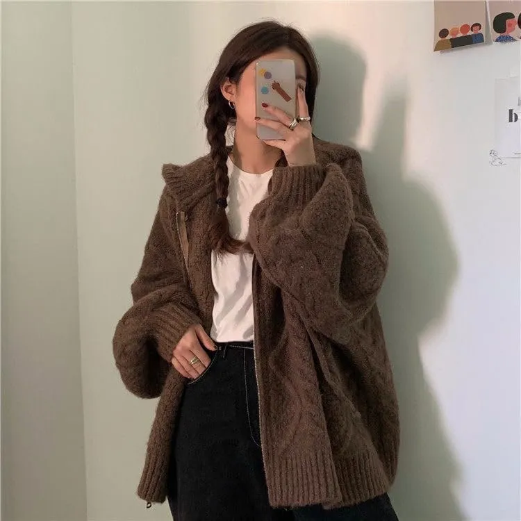 Women's Zip Up Hoodies Sweater Y2K Preppy Oversized Grandpa Sweaters Cable Knit Sweatshirts Old Money Clothing
