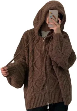 Women's Zip Up Hoodies Sweater Y2K Preppy Oversized Grandpa Sweaters Cable Knit Sweatshirts Old Money Clothing