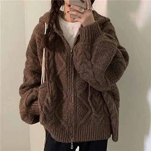 Women's Zip Up Hoodies Sweater Y2K Preppy Oversized Grandpa Sweaters Cable Knit Sweatshirts Old Money Clothing