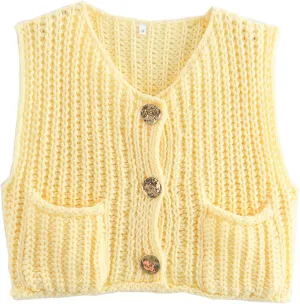 Wyeysyt Sweater Vest Women Sleeveless Crop Knit Cardigan Casual Button Down Cropped Knitted Sweater Vest with Pockets