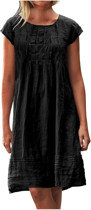 XUNRYAN Summer Dresses for Women 2024 Casual Short Sleeve Cotton Linen Midi Dress Knee Length High Waist Loose Beach Sundress