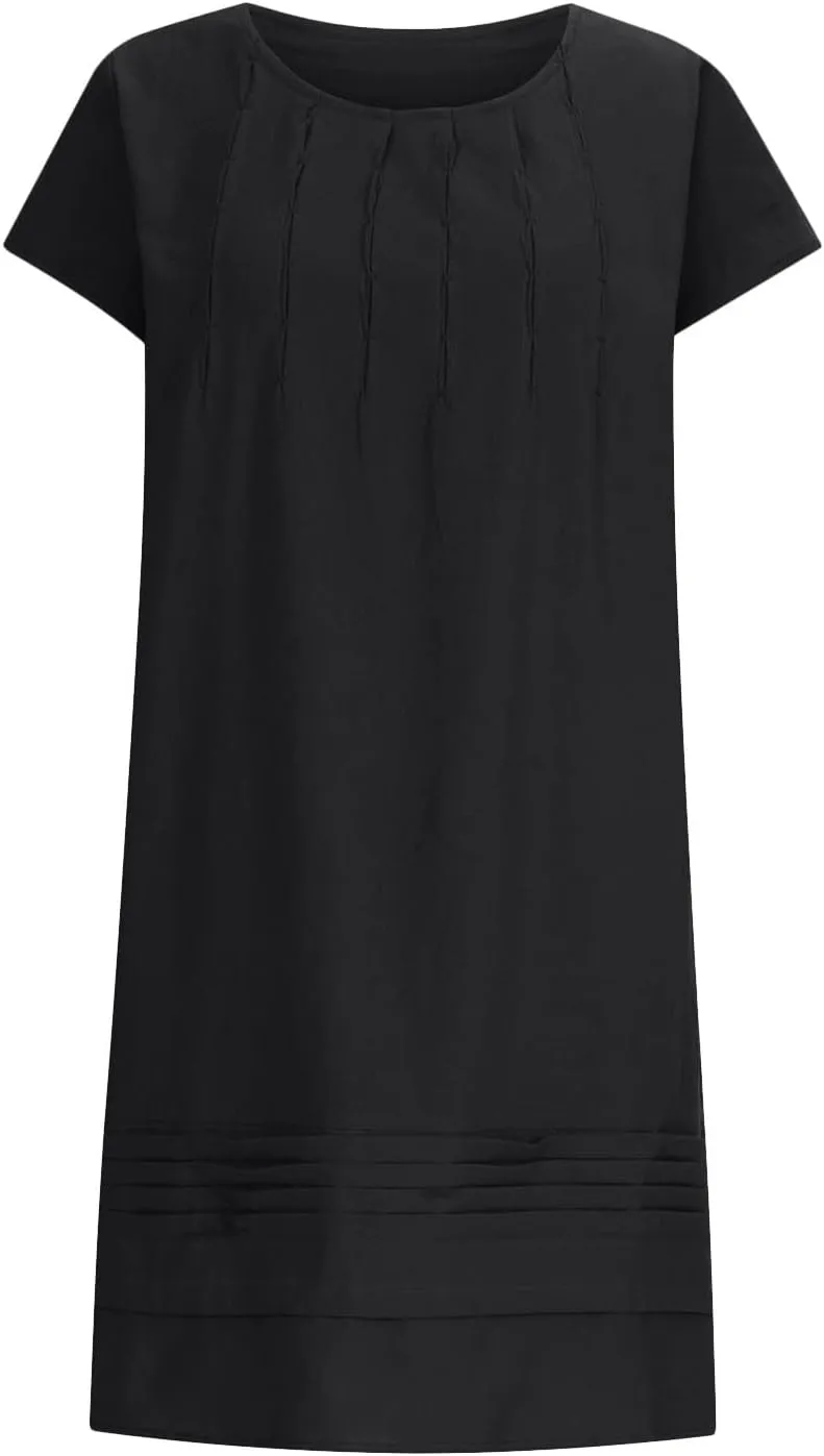 XUNRYAN Summer Dresses for Women 2024 Casual Short Sleeve Cotton Linen Midi Dress Knee Length High Waist Loose Beach Sundress