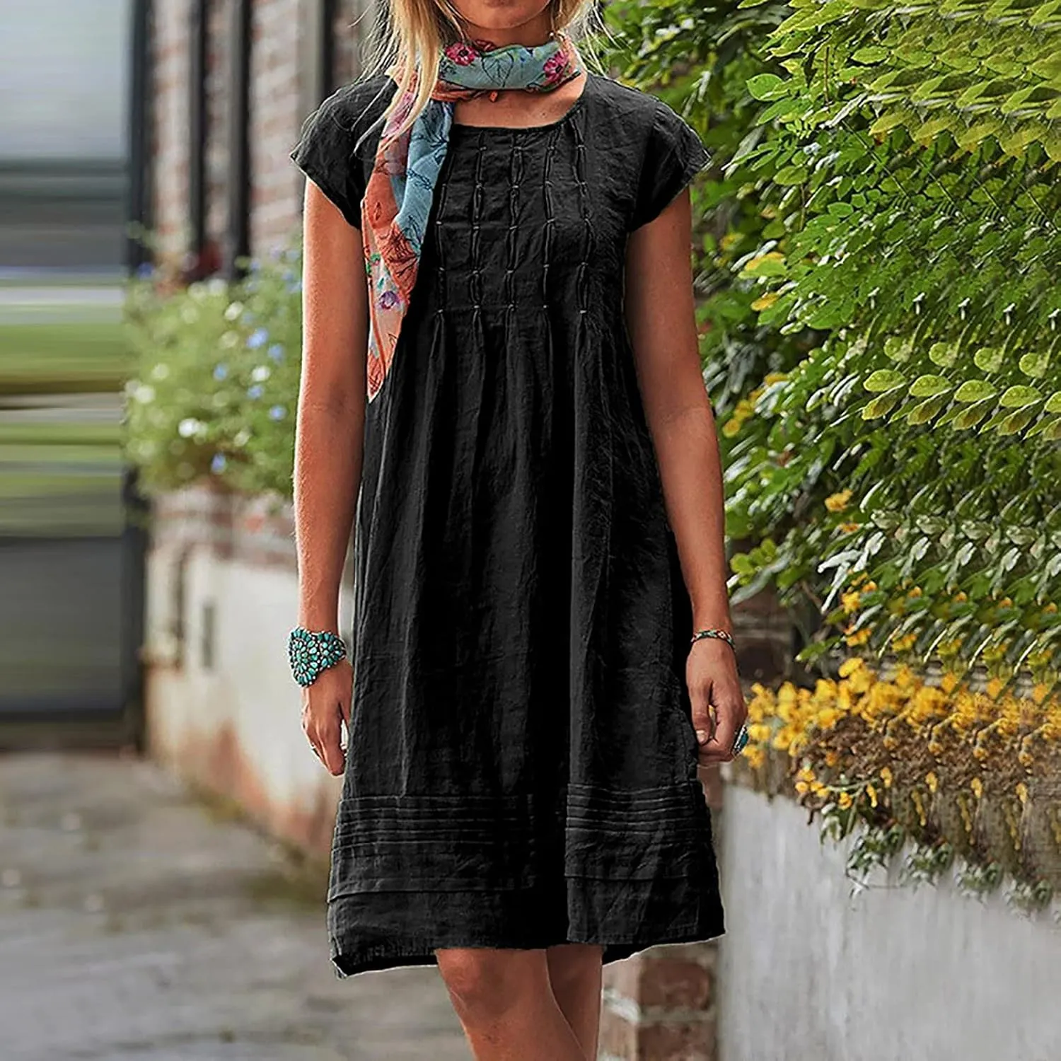 XUNRYAN Summer Dresses for Women 2024 Casual Short Sleeve Cotton Linen Midi Dress Knee Length High Waist Loose Beach Sundress