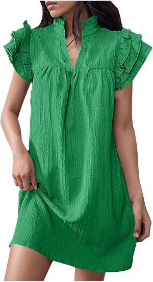 XUNRYAN Tank Dresses for Women 2024 Summer Casual Ruffle Textured Short Mini Dress Trendy Sundress Beach Vacation Outfit