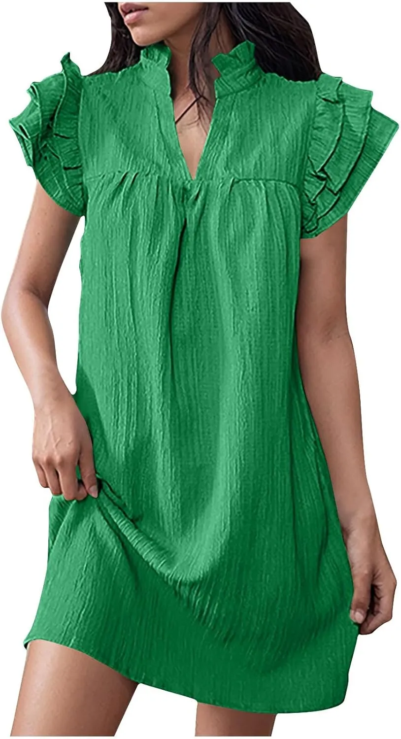 XUNRYAN Tank Dresses for Women 2024 Summer Casual Ruffle Textured Short Mini Dress Trendy Sundress Beach Vacation Outfit