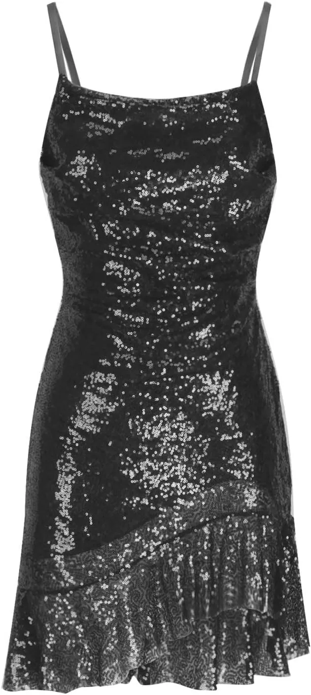 yardsong Party Dresses for Women 2025 Sexy Glitter Sequin Spaghetti Strap Dress Sparkle Ruffle Hem Party Club Mini Dresses