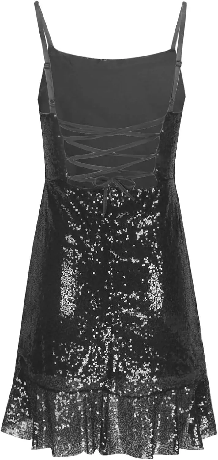 yardsong Party Dresses for Women 2025 Sexy Glitter Sequin Spaghetti Strap Dress Sparkle Ruffle Hem Party Club Mini Dresses