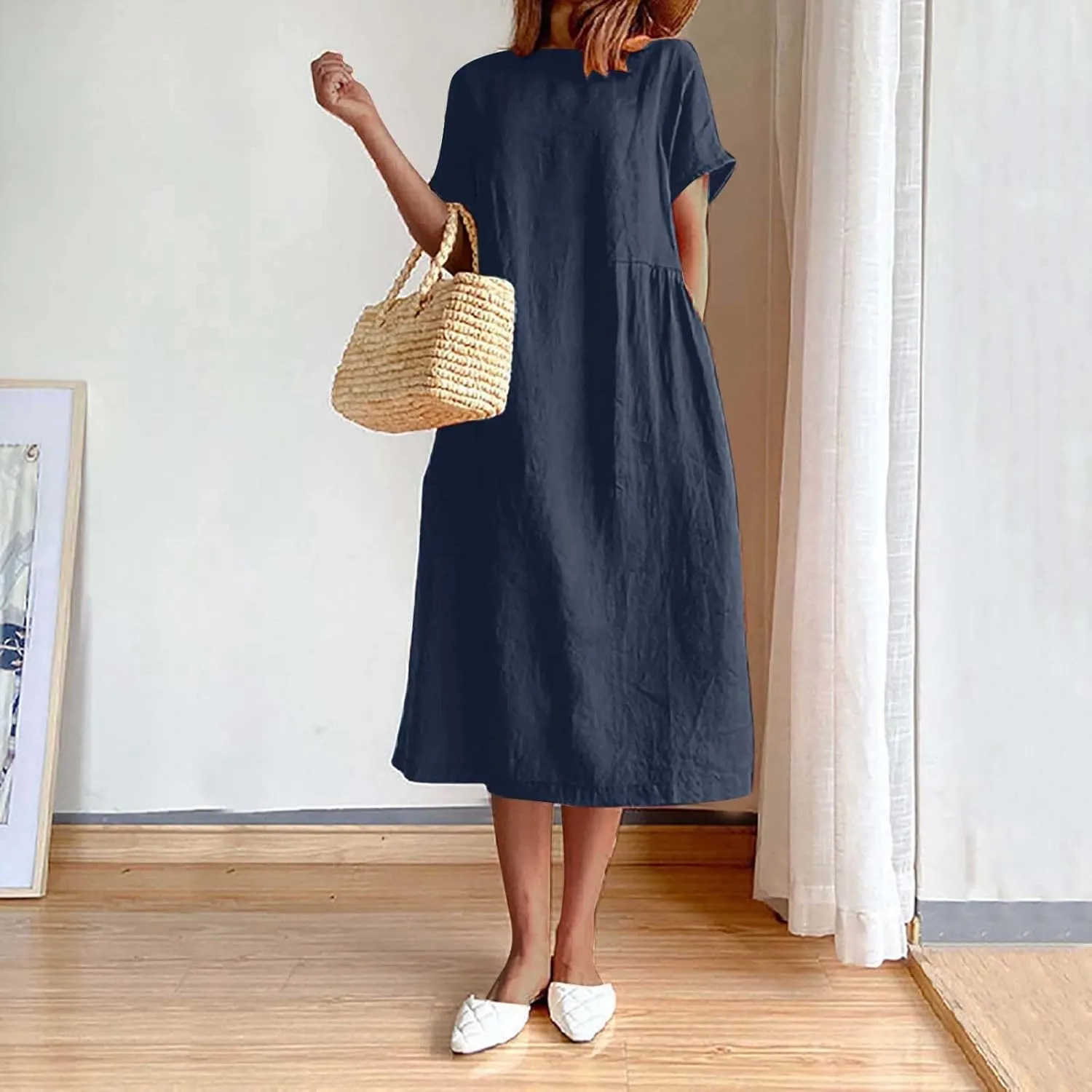 yardsong Women's Casual Dresses Summer Cotton Linen Midi Dress Short Sleeve Round Neck Loose Fit Vacation Beach Dresses