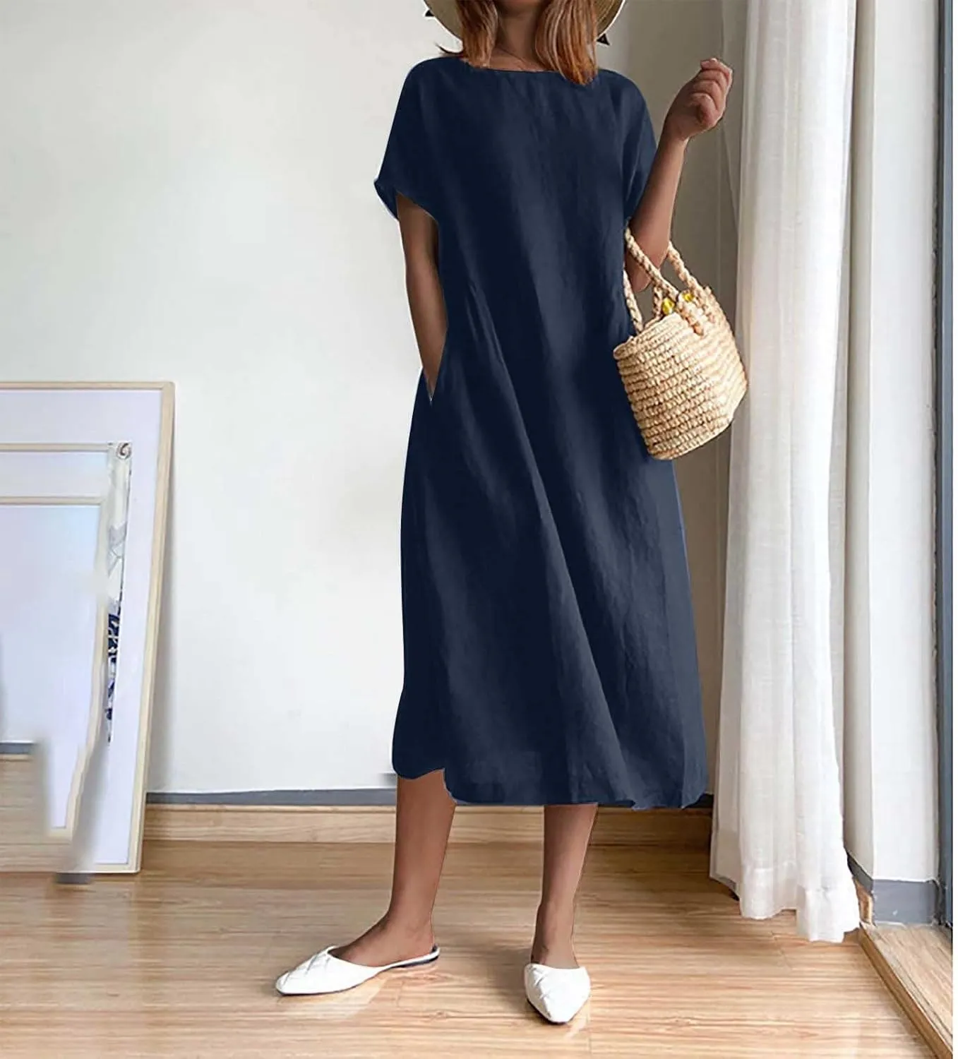 yardsong Women's Casual Dresses Summer Cotton Linen Midi Dress Short Sleeve Round Neck Loose Fit Vacation Beach Dresses