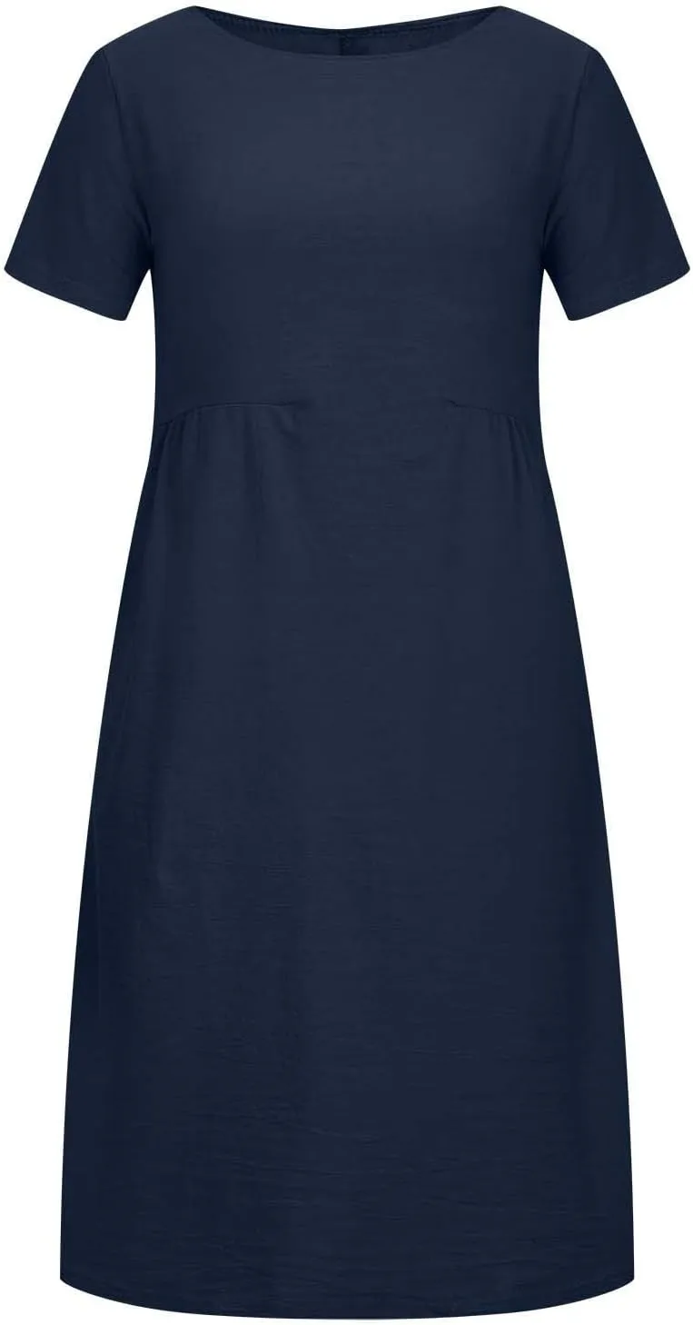 yardsong Women's Casual Dresses Summer Cotton Linen Midi Dress Short Sleeve Round Neck Loose Fit Vacation Beach Dresses